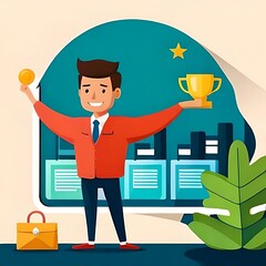 Vector Illustration Set Depicting Successful Individuals Setting and Achieving Business Goals, Objectives, and Receiving Rewards.