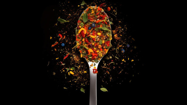 spicy spice with pieces dry vegetable in spoon condiments on black background generative ai