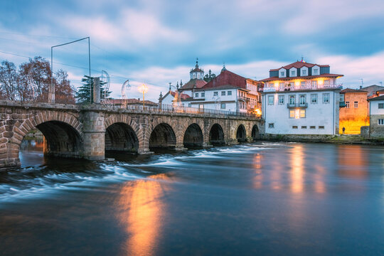 Roman bridge of Chaves or Trajano bridge over the river T&acirc;mega in the city of Chaves in Portugal, at dusk.