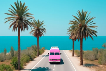 bright pink car on beach road with palm tree and ocean background, summer vacation generative ai