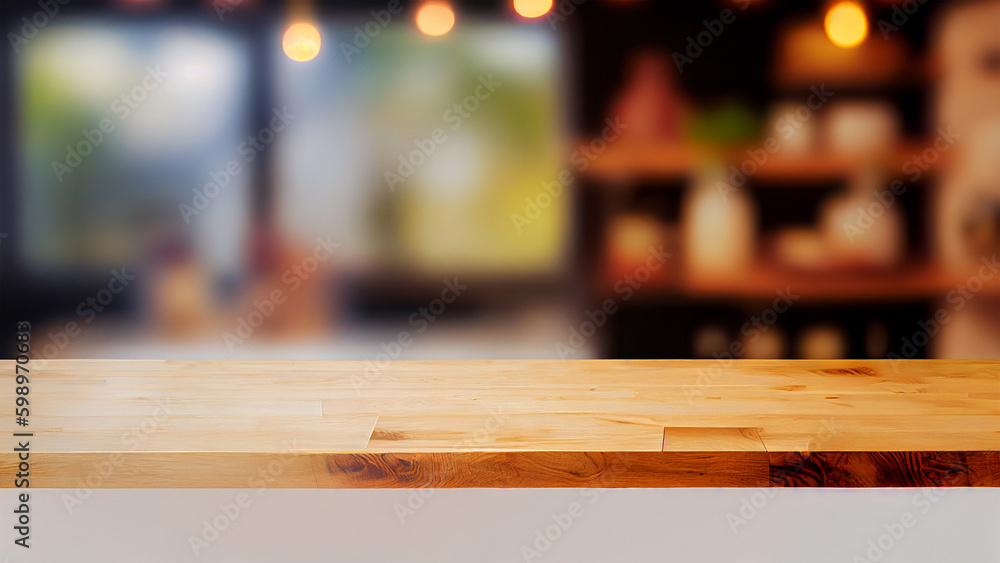 Poster wooden texture table top on blurred cafe bokeh light background. for product display or photo studio