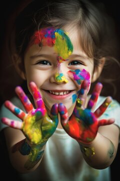 Heartwarming close-up portrait of a child laughing and holding their colorfully painted hands in front of the camera, highlights the child's joyful expression. Created with generative A.I. technology.