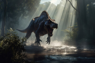 Jurassic Majesty. T-Rex Roaming by Sunlit River in Jungle.
Prehistoric Adventure. Tyrannosaurus Rex in Sun-Drenched Jungle.


