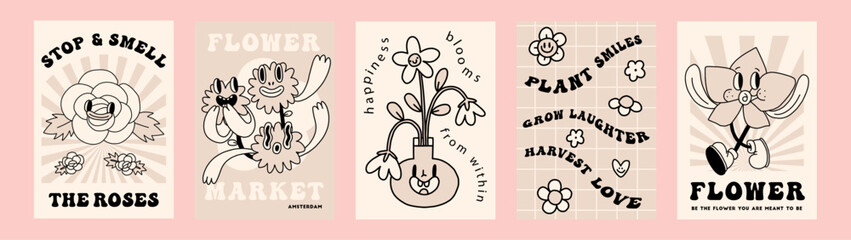 Groovy hippie 70s floral poster set, beige colors. Funny cartoon flowers in trendy retro animation style. Home prints with plants, garden, urban jungle theme. Vector backgrounds, cards collection 