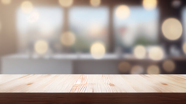 Wooden texture table top on blurred cafe bokeh light background. For product display or photo studio commercial. For showcase Product display mock up. Generative AI.