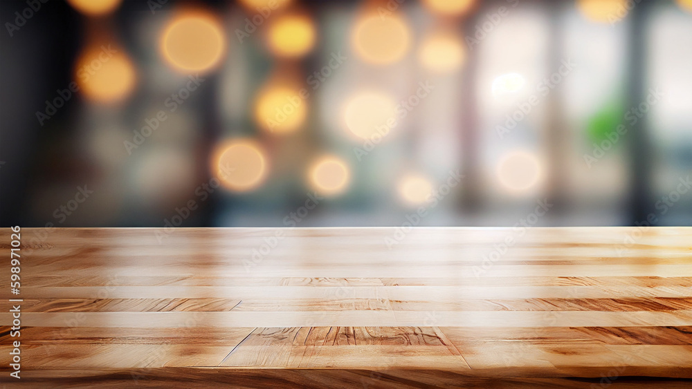 Poster wooden texture table top on blurred cafe bokeh light background. for product display or photo studio