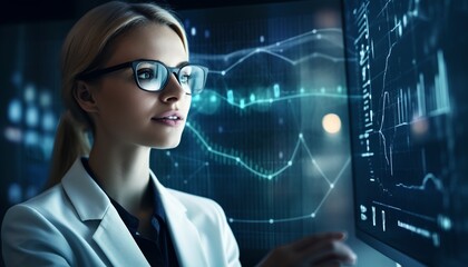 Woman at computer in office to analyze finances and information, generative AI