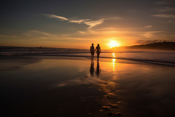 A Couple on a Romantic Sunset Walk Along the Beach, generative AI