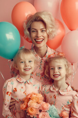 Fototapeta na wymiar A young beautiful mother enjoying with her sweet children in front of flowers wall, motherly love through kisses and hugs on pastel pink background. Family happiness. Generative AI.