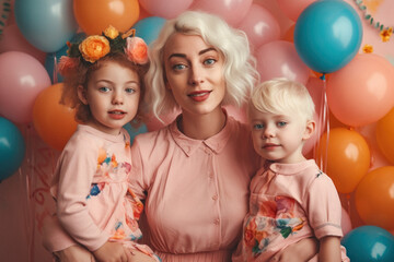 A young beautiful mother enjoying with her sweet children in front of flowers wall, motherly love through kisses and hugs on pastel pink background. Family happiness. Generative AI.