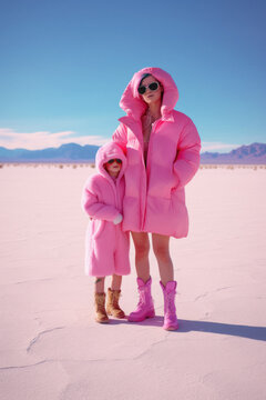 Pink modern fashionable look of beautiful mother and daughter enjoying on the beach, motherly love through match styling on the hot sand, seashore. Family fashion vacation. Generative AI.