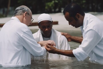 Two pastors baptize a man in the name of Christ. Baptism religion concept. Generative Ai.. - obrazy, fototapety, plakaty
