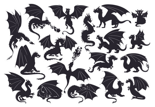 Flying dragons silhouettes. Fire breathing reptiles, winged medieval dragons mascots, scary dragons flat vector illustration set. Fairy dragon species silhouettes