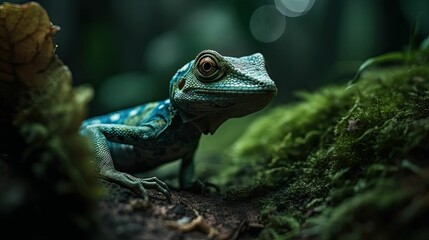 Fototapeta premium Reptile in the Wild: Green Lizard in its Natural Habitat by Generative AI
