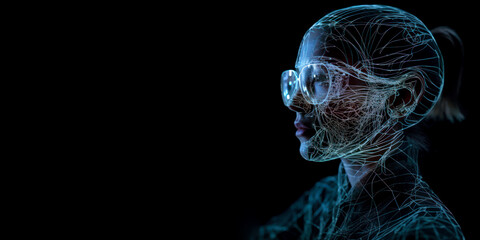Fototapeta na wymiar glowing woman head with glasses hologram with copy space future technology generative ai