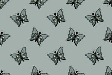 Seamless pattern with Butterflies. Mandala Eye endless background. Tantric Yoga wallpaper and bed linen print. Insect ornament. Vector illustration.