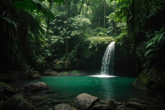 green jungle waterfall landscape generative ai