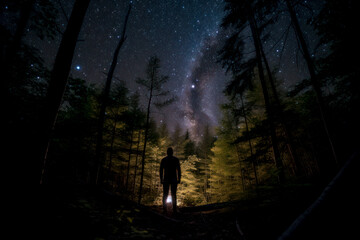 man looks at the starry sky in the forest generative ai