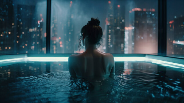 Back View of Girl Swimming in Glass Pool with Metropolis Below - Generative Ai
