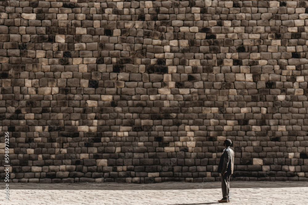 Poster man on the background of the mockup of a high empty stone wall generative ai