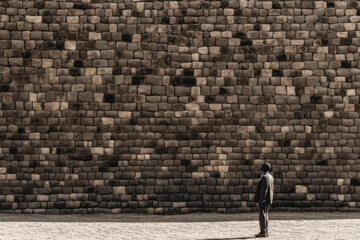 man on the background of the mockup of a high empty stone wall generative ai
