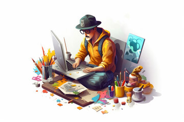Illustration of a graphic designer at work on white background, generative ai