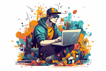 Illustration of a graphic designer at work on white background, generative ai