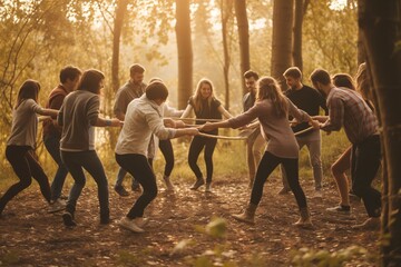 Image of team building activities, such as outdoor retreats or group exercises. Generative Ai.