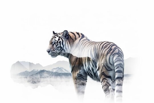 Tiger and forest double exposure isolated on white background, Generative AI
