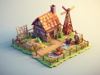 3D illustration of traditional western farmhouse and isolated on plain background. Houses and other buildings are made of wood.
