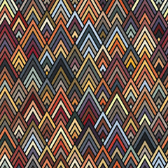 Seamless geometric chevron pattern with multicolored striped triangles on a black background. Ethnic retro style.  Vector illustration for textile, packaging, wrapping, and decorative projects.