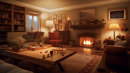 Cozying Up in the Living Room: A Warm and Welcoming Space with a Fireplace and a chess board, generative AI