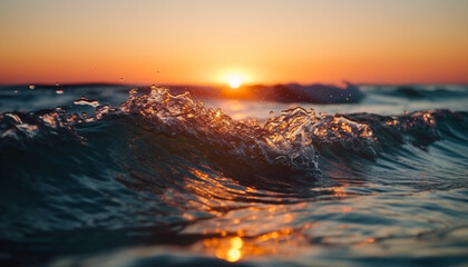 Sunset over water waves splashing on sand generated by AI