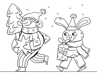 Christmas illustration with elf and rabbit for coloring book. Invitation card design. Happy new year.