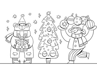 Christmas illustration with elf and bear for decoration design. Coloring book design. Happy new year.
