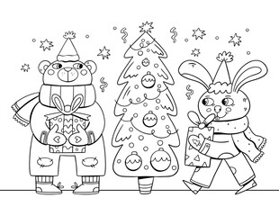 Christmas illustration with bear and rabbit for coloring book. Invitation card design. Happy new year.