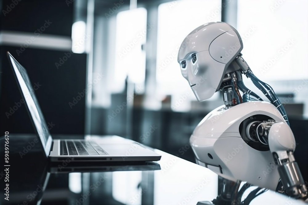 Aufkleber technology document ai robot hand digital artificial paper laptop office. generative ai. generative 