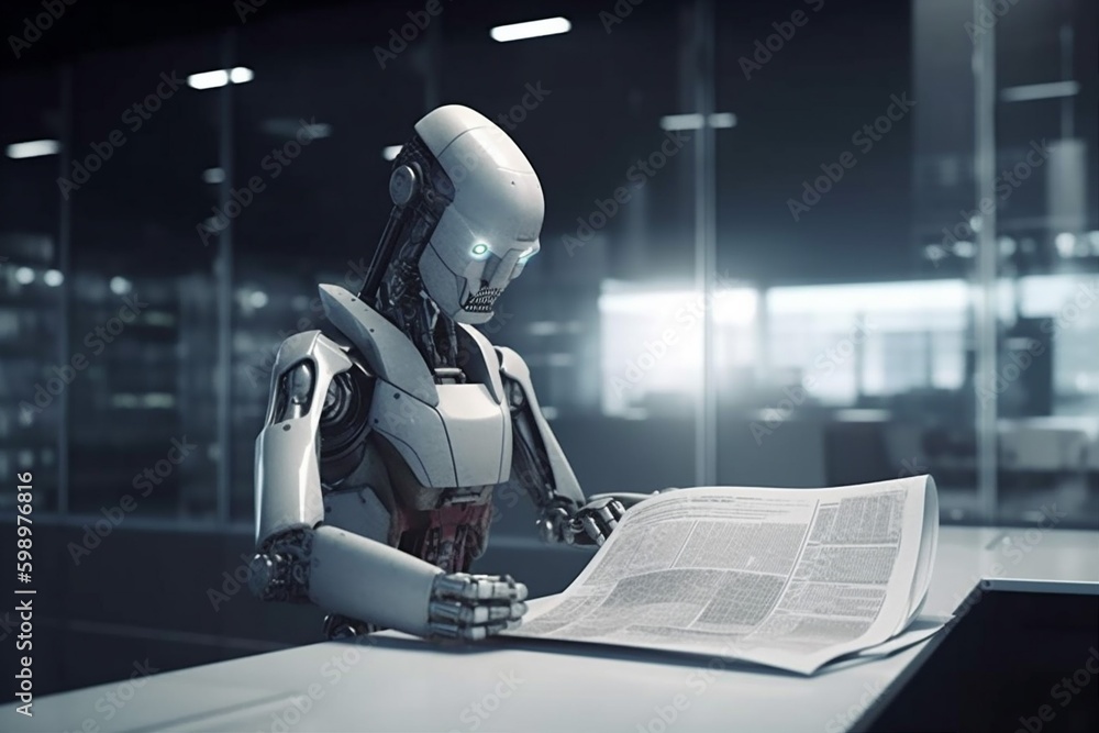 Poster artificial robot document paper technology laptop digital office ai hand. generative ai. generative 