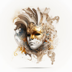 Venetian carnival mask. Sun, Masquerade mask on white background, soft blur. Generative ai illustration, drawing in watercolor style	