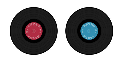 Retro party 70's 80's 90's poster concept illustration with vinyl bakelite vector. Vintage red, blue, black colored party background concept illustration.
