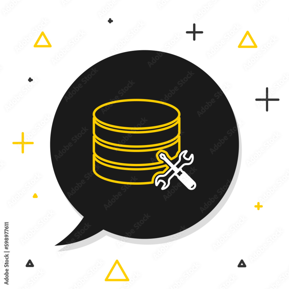 Poster line database server with screwdriver and wrench icon isolated on white background. adjusting, servi