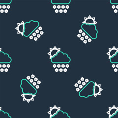 Line Cloud with snow and sun icon isolated seamless pattern on black background. Cloud with snowflakes. Single weather icon. Snowing sign. Vector