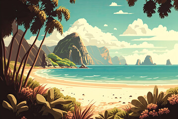 Sandy tropical beach sea landscape. Paradise island panorama with palm tree mountains and sky. Cartoon concept illustration. Generative AI.