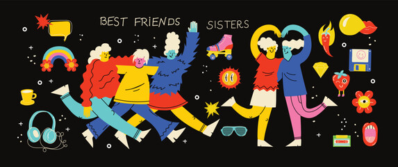 Best friends cocept illustration. Vector illustration of multicultural girls and multicultural friendship. Happy friendship day. Teenage girl friends hugging and having fun.