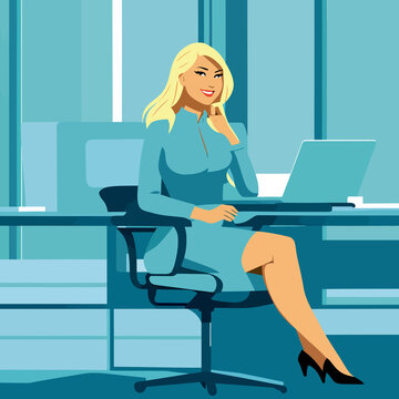 young woman working with laptop in office illustration