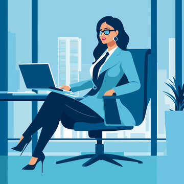 young woman working with laptop in office illustration