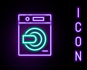 Glowing neon line Washer icon isolated on black background. Washing machine icon. Clothes washer - laundry machine. Home appliance symbol. Colorful outline concept. Vector