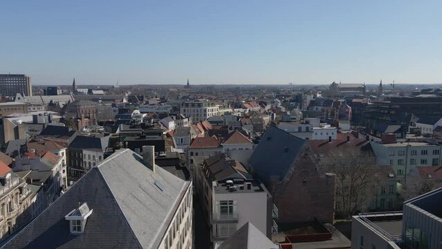 Flying over the city center of Ghent Belgium