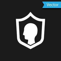 White Life insurance with shield icon isolated on black background. Security, safety, protection, protect concept. Vector.