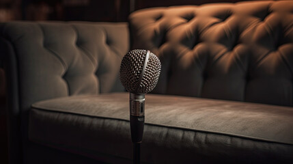a microphone in front of a sofa. podcast concept. Generative AI